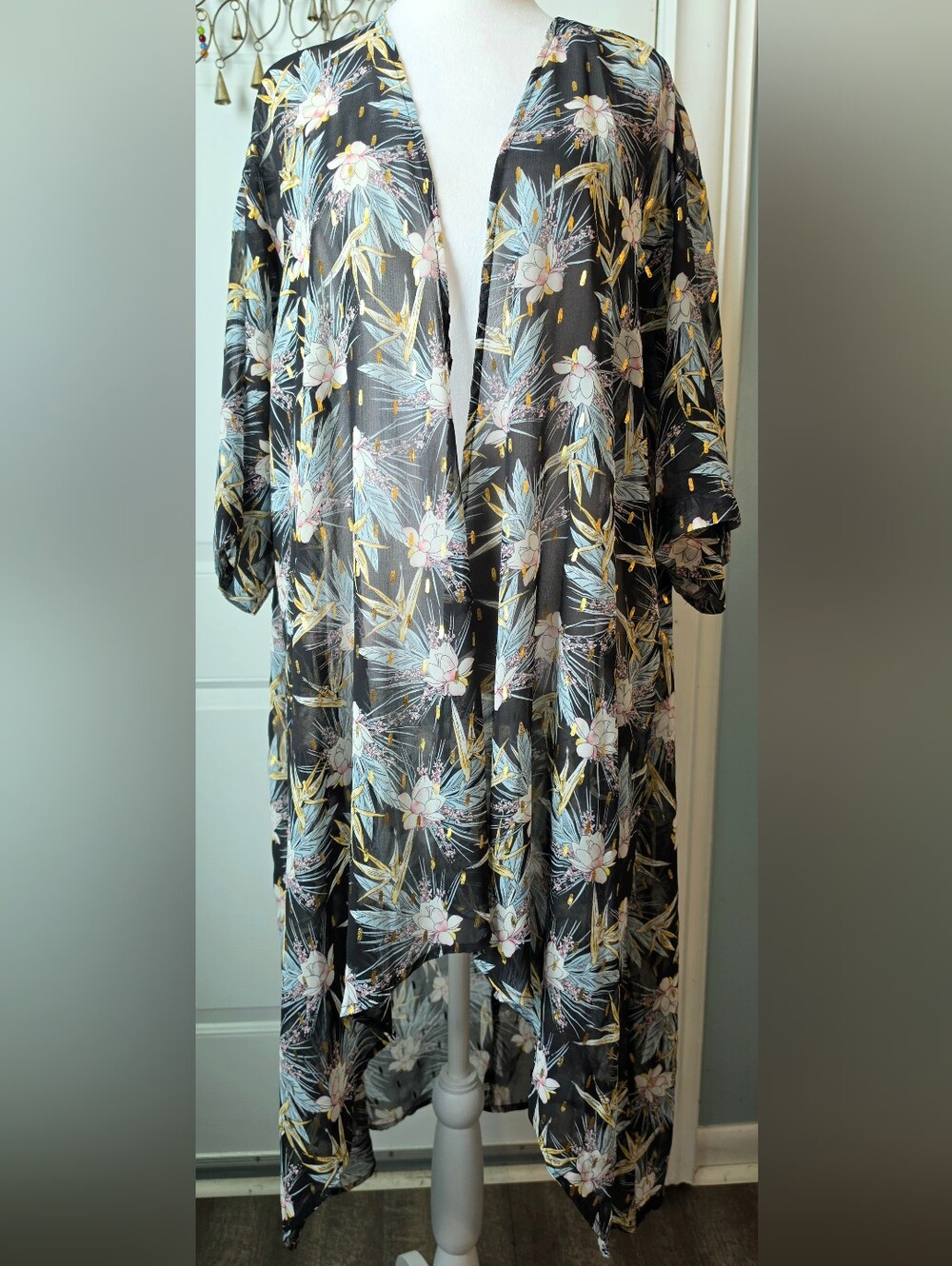 Gypsies & Moondust Sheer Open Front Kimono Duster Womens L Black Floral Boho Fes